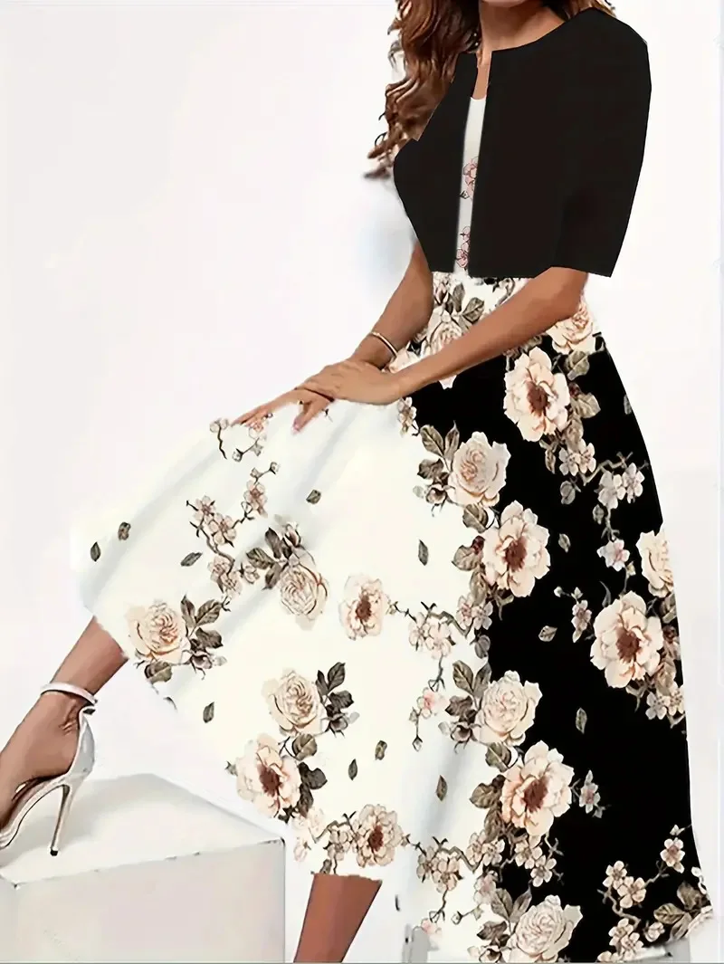 Heidi-Mode | Neu für Den Sommer! Eu Us Herbst Frau 2 Lang Kleid Set Blumen und Graspunkt Crew Neck Kleid mit Chiffon Kurzjacke - Image 12