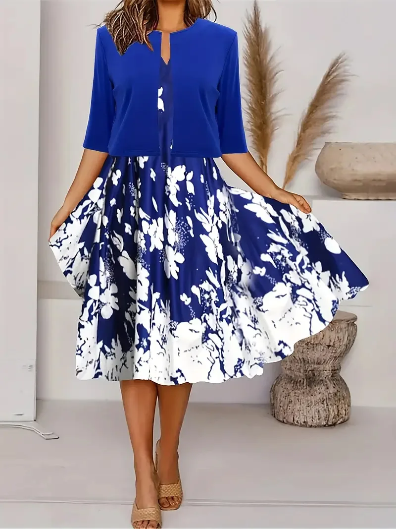 Heidi-Mode | Neu für Den Sommer! Eu Us Herbst Frau 2 Lang Kleid Set Blumen und Graspunkt Crew Neck Kleid mit Chiffon Kurzjacke - Image 3