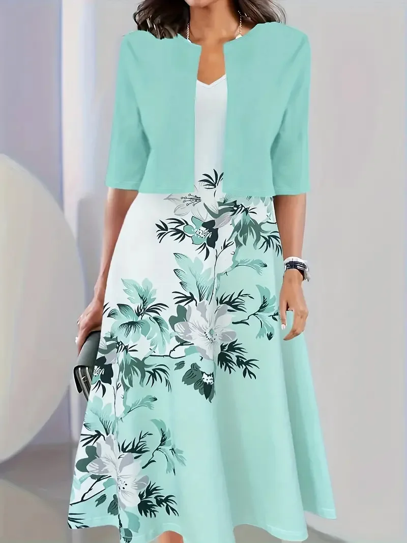 Heidi-Mode | Neu für Den Sommer! Eu Us Herbst Frau 2 Lang Kleid Set Blumen und Graspunkt Crew Neck Kleid mit Chiffon Kurzjacke - Image 4
