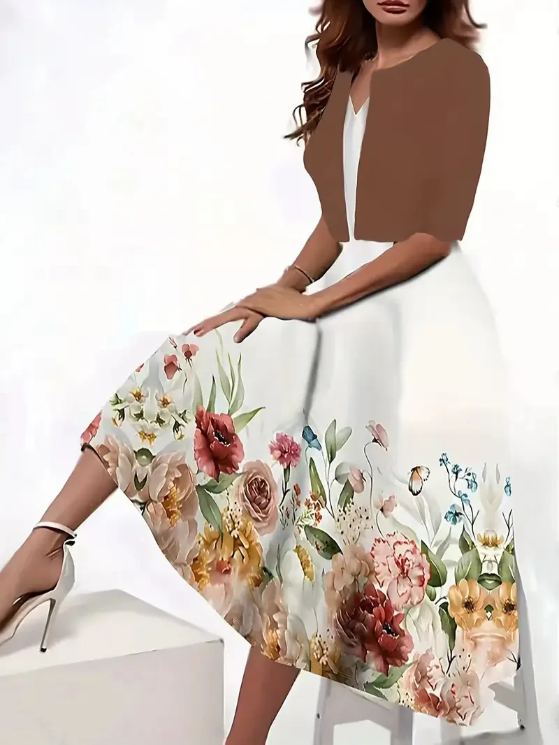 Heidi-Mode | Neu für Den Sommer! Eu Us Herbst Frau 2 Lang Kleid Set Blumen und Graspunkt Crew Neck Kleid mit Chiffon Kurzjacke - Image 6