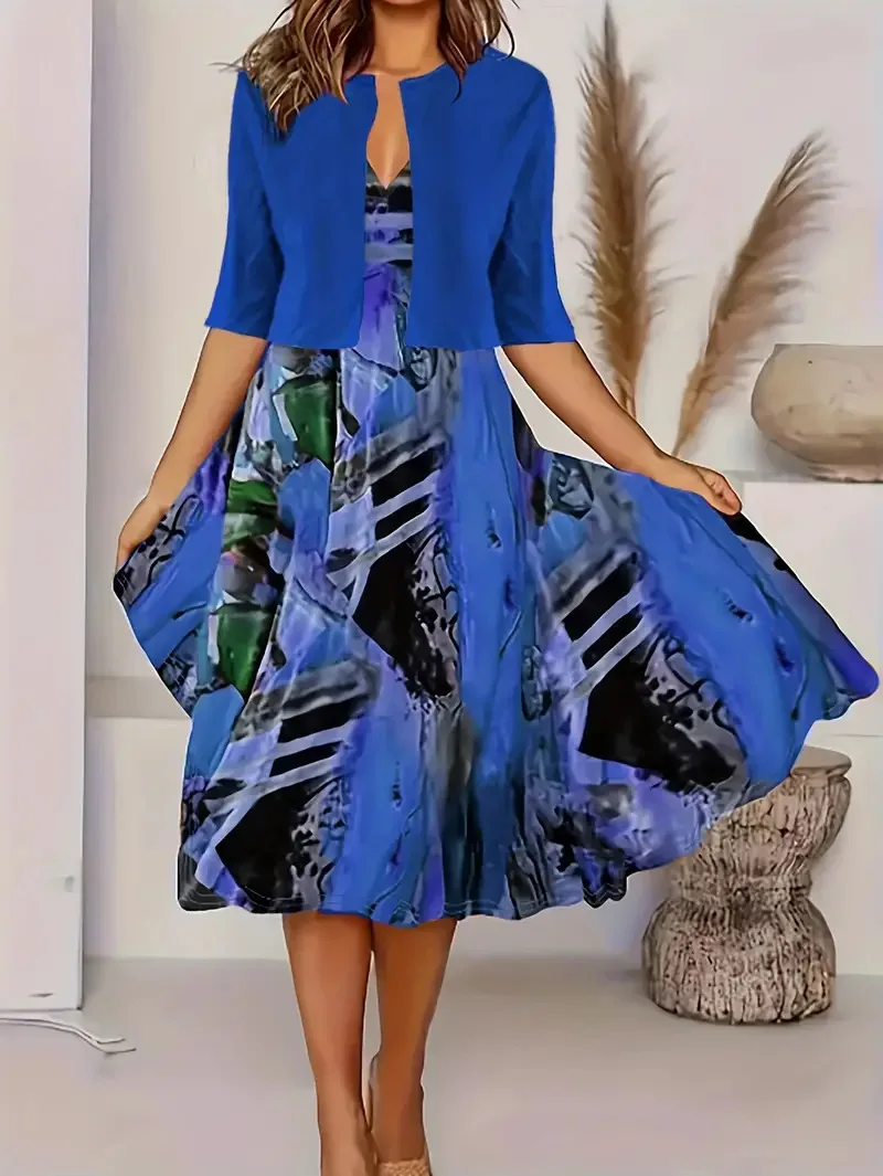 Heidi-Mode | Neu für Den Sommer! Eu Us Herbst Frau 2 Lang Kleid Set Blumen und Graspunkt Crew Neck Kleid mit Chiffon Kurzjacke - Image 8