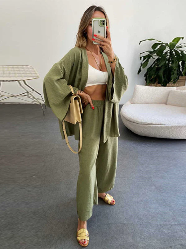 Heidi-Mode | Neue Baumwoll und Leinenanzug Strickjacke Langärmliges Oberteil Tasche Weit Geschnittene Hose Zweiteiler Satz - Image 6