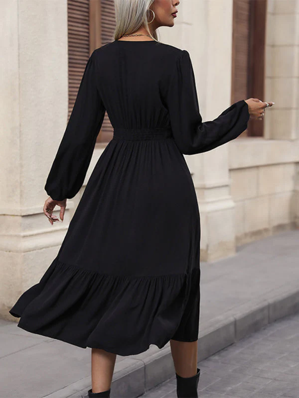 Heidi-Mode | Neue Damenlangarm Einfarbige V-Ausschnitt Taillen Kleid - Image 3