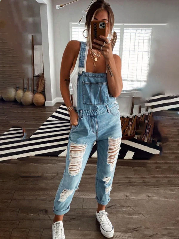 Heidi-Mode | Neuer Stil Lässiger Pendler Zerrissener Mid Waist Denim Overall - Image 4