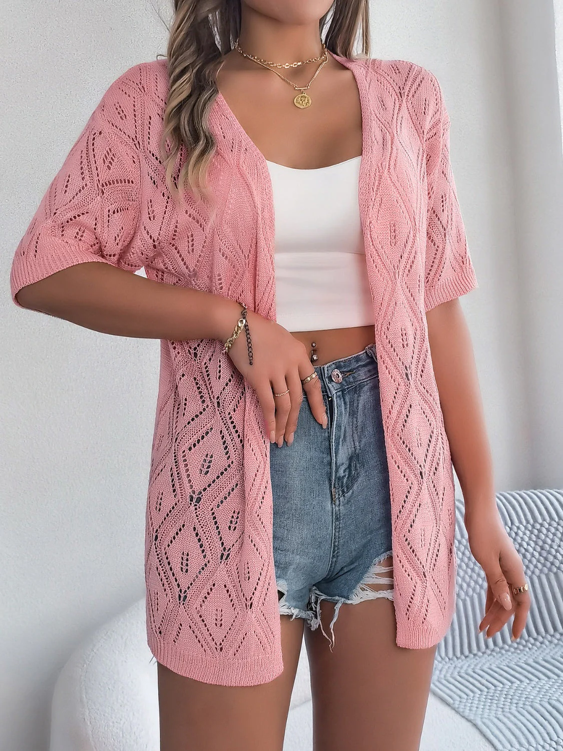Heidi-Mode | Durchbrochene Offene Front Halbarm-Cardigan - Image 9