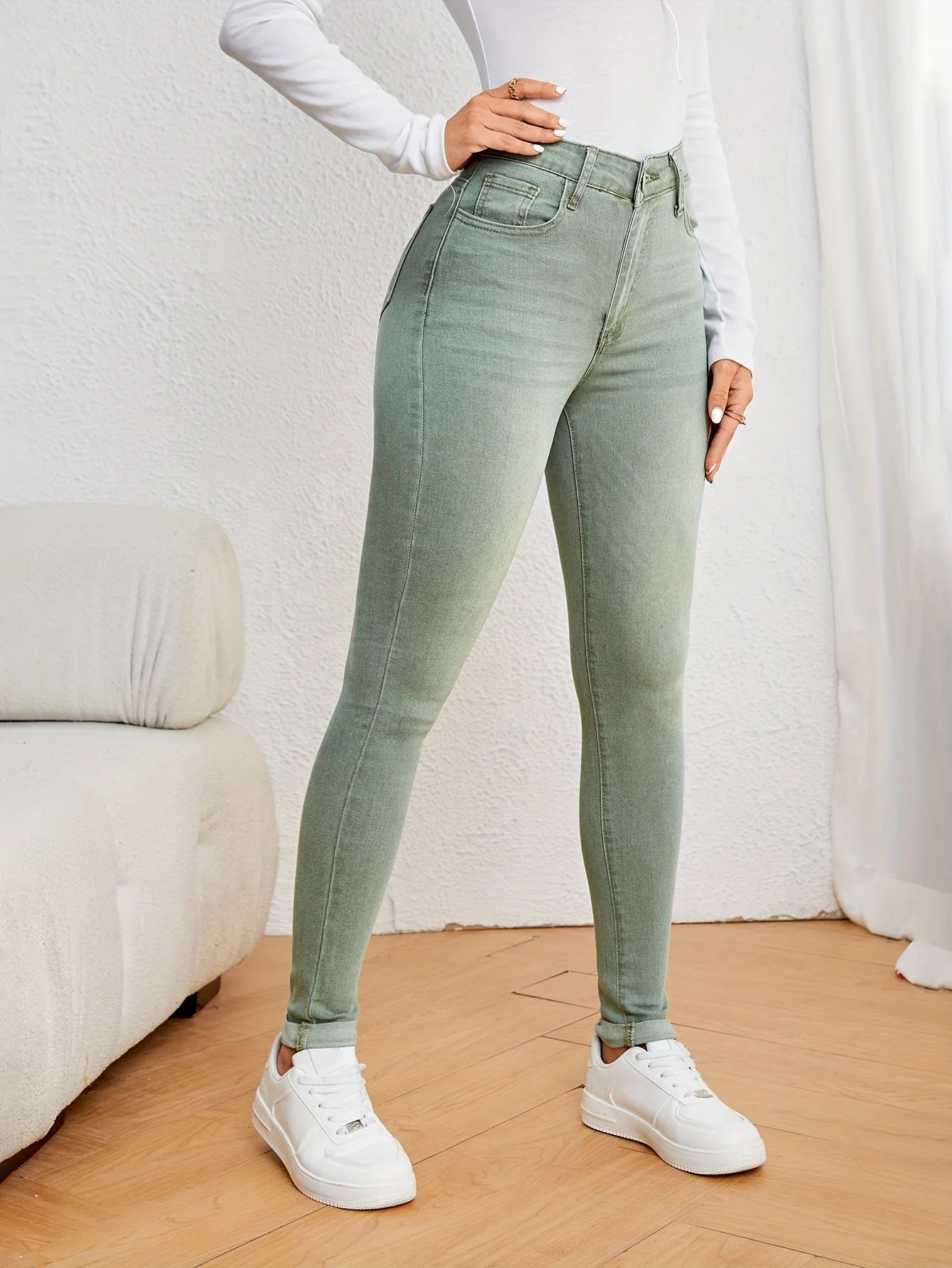 Heidi-Mode | Olivgrüne High Waist Slim Fit Jeans mit Stretch Denim - Image 11