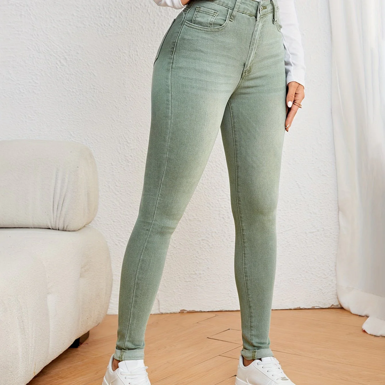 Heidi-Mode | Olivgrüne High Waist Slim Fit Jeans mit Stretch Denim - Image 4