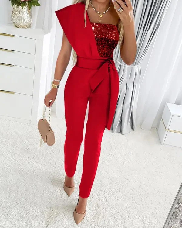 Heidi-Mode | One Shoulder Jumpsuit mit Pailletten und Taillenband - Image 2