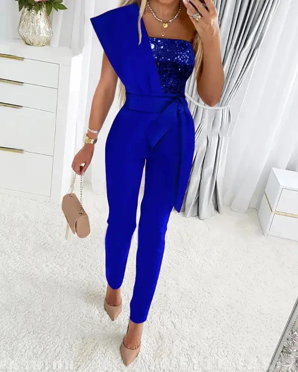 Heidi-Mode | One Shoulder Jumpsuit mit Pailletten und Taillenband - Image 3