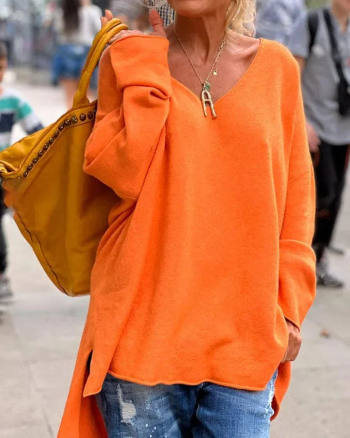 Heidi-Mode | Oversize Orangefarbener V Ausschnitt Pullover - Image 2