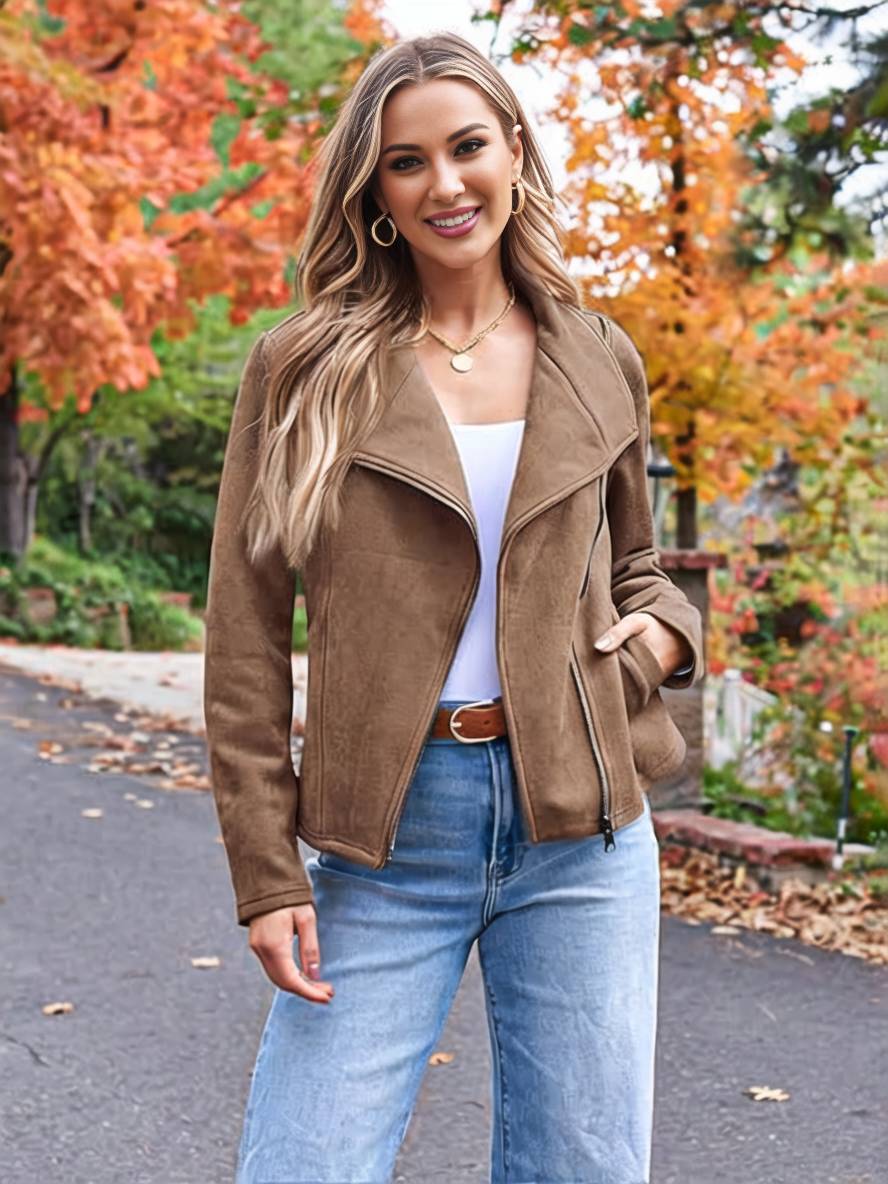 Heidi-Mode | Perfekte Wildlederjacke Aus Suedine mit Reißverschlusstaschen Reverskragen Lange Ärmel Damen Lässige Mode - Image 20