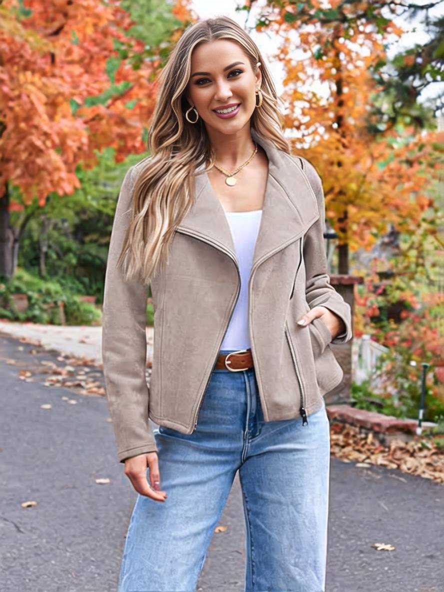 Heidi-Mode | Perfekte Wildlederjacke Aus Suedine mit Reißverschlusstaschen Reverskragen Lange Ärmel Damen Lässige Mode - Image 21