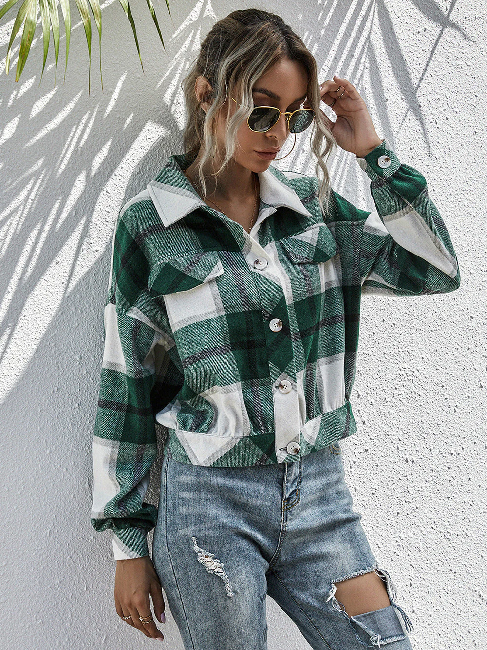 Heidi-Mode | Karo Gefallen Schulter Shirtjacke - Image 4