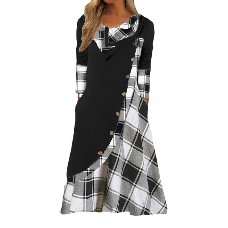 Heidi-Mode | Plaid Gespalten Knopf Tasche Gestapelte Kragen Langarmkleid - Image 2