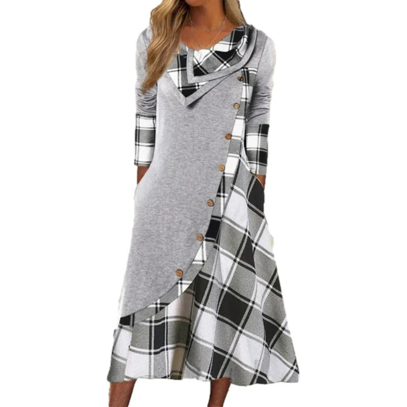 Heidi-Mode | Plaid Gespalten Knopf Tasche Gestapelte Kragen Langarmkleid - Image 5