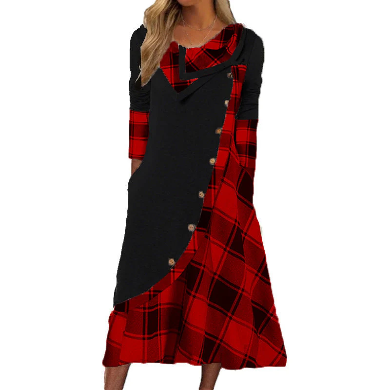 Heidi-Mode | Plaid Gespalten Knopf Tasche Gestapelte Kragen Langarmkleid - Image 6