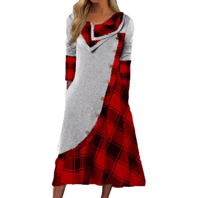 Heidi-Mode | Plaid Gespalten Knopf Tasche Gestapelte Kragen Langarmkleid - Image 8
