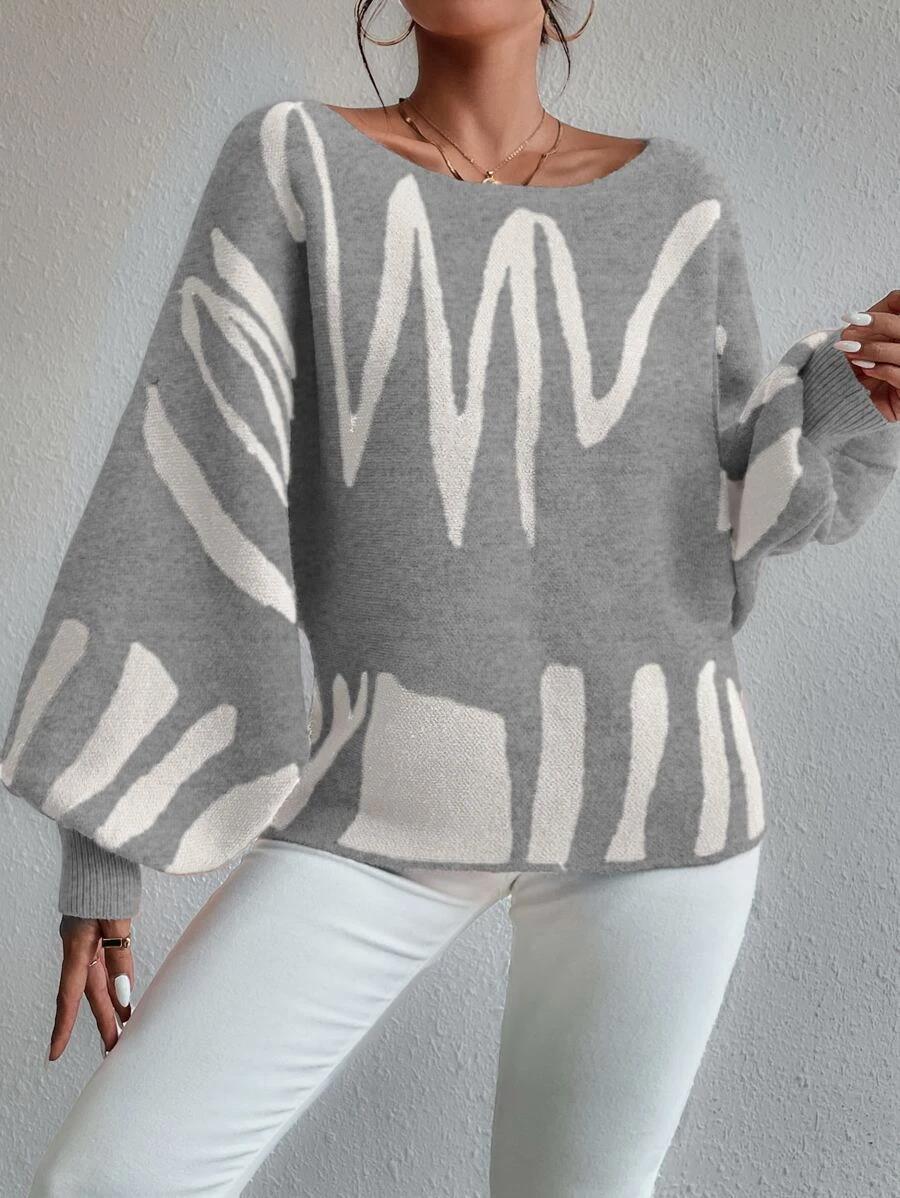 Heidi-Mode | Pullover Hellgrauer Schulterfreier Oversized-Pullover mit Puffärmeln - Image 3
