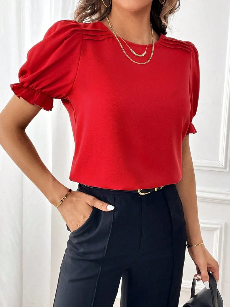 Heidi-Mode | Pure-Color-Rundhals-Shirt-Top mit Temperament - Image 10