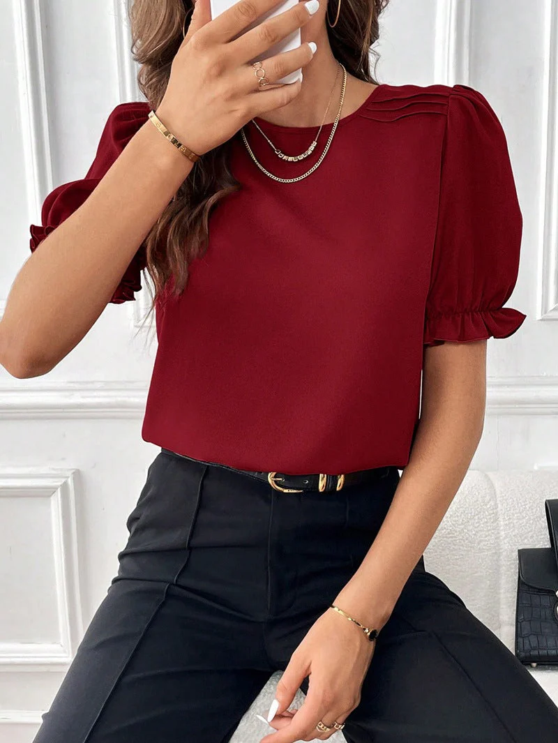Heidi-Mode | Pure-Color-Rundhals-Shirt-Top mit Temperament - Image 12