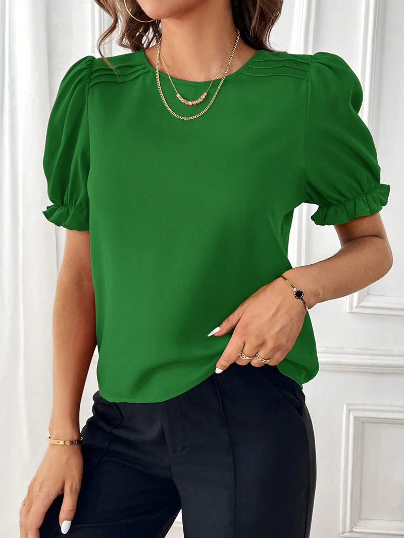 Heidi-Mode | Pure-Color-Rundhals-Shirt-Top mit Temperament - Image 5