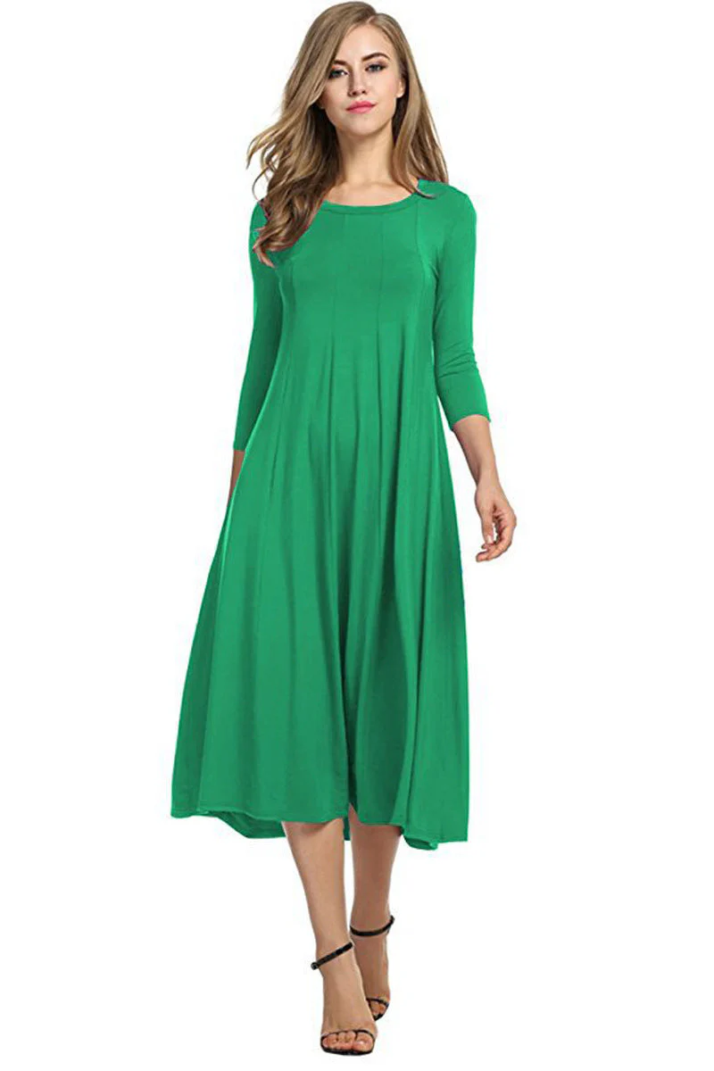 Heidi-Mode | Quadrat-Ausschnitt 3/4-Lange Uni-Farbe Midi-Kleid - Image 11