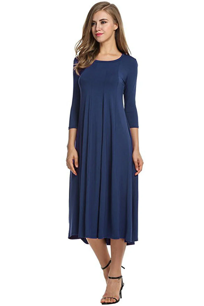 Heidi-Mode | Quadrat-Ausschnitt 3/4-Lange Uni-Farbe Midi-Kleid - Image 12