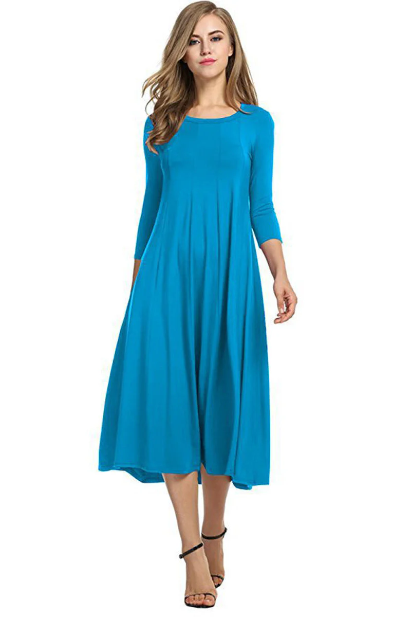 Heidi-Mode | Quadrat-Ausschnitt 3/4-Lange Uni-Farbe Midi-Kleid - Image 14