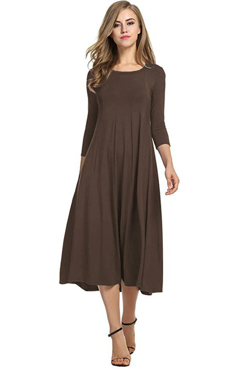 Heidi-Mode | Quadrat-Ausschnitt 3/4-Lange Uni-Farbe Midi-Kleid - Image 15