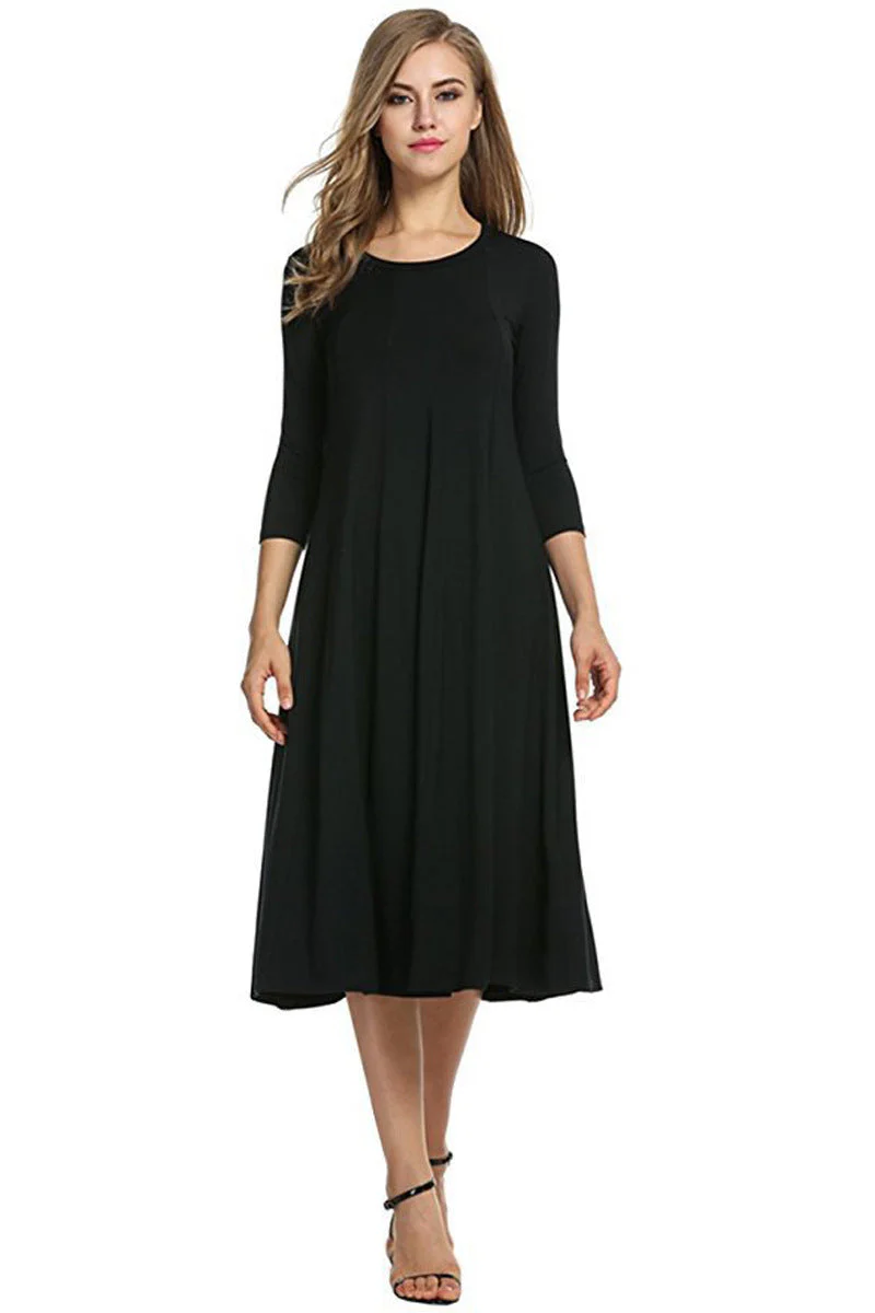 Heidi-Mode | Quadrat-Ausschnitt 3/4-Lange Uni-Farbe Midi-Kleid - Image 3