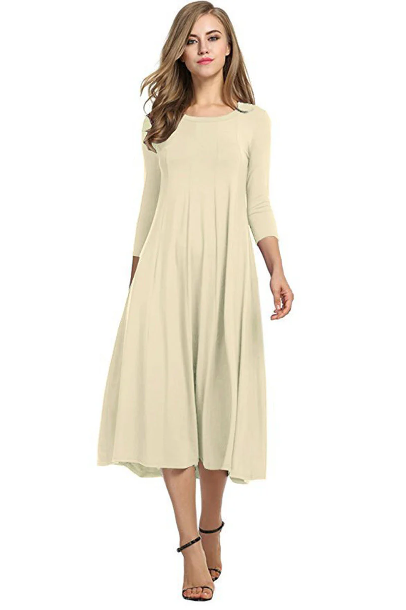 Heidi-Mode | Quadrat-Ausschnitt 3/4-Lange Uni-Farbe Midi-Kleid - Image 5