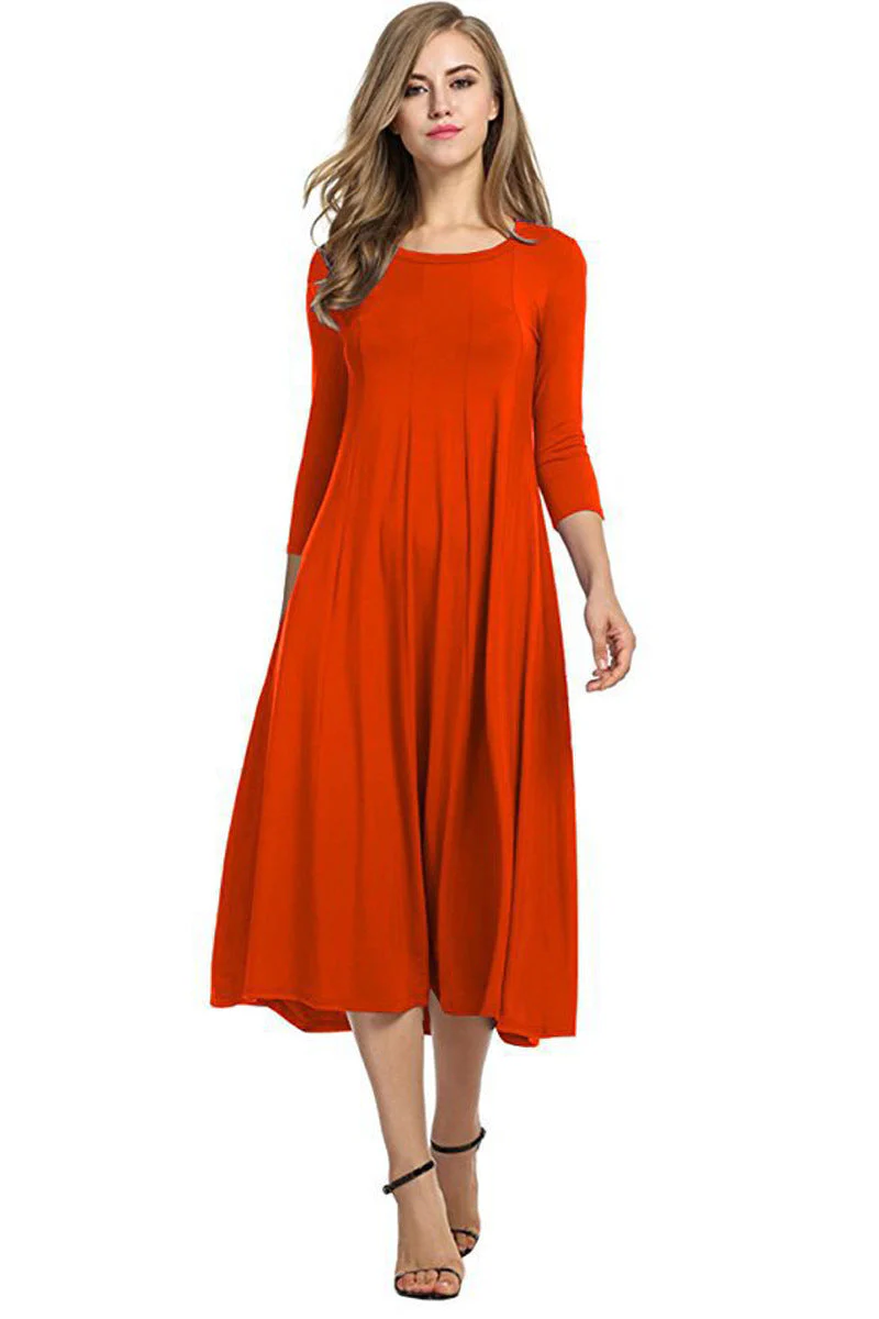 Heidi-Mode | Quadrat-Ausschnitt 3/4-Lange Uni-Farbe Midi-Kleid - Image 6