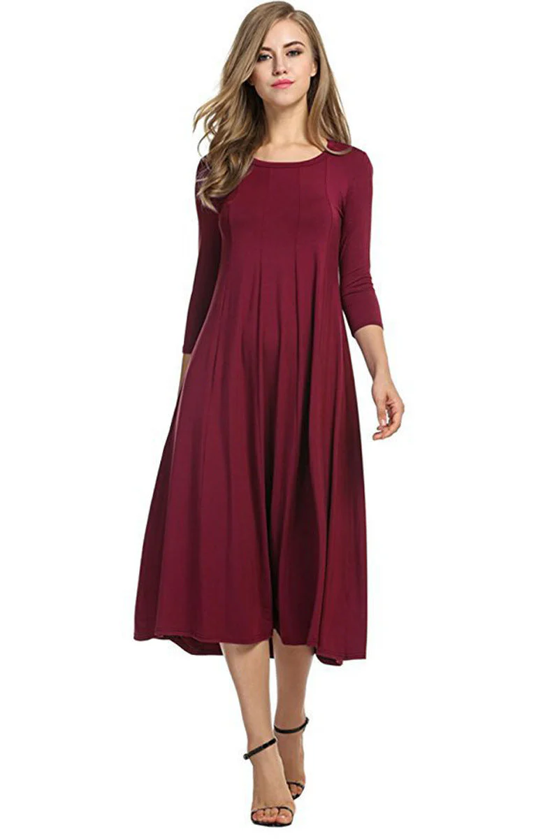 Heidi-Mode | Quadrat-Ausschnitt 3/4-Lange Uni-Farbe Midi-Kleid - Image 8