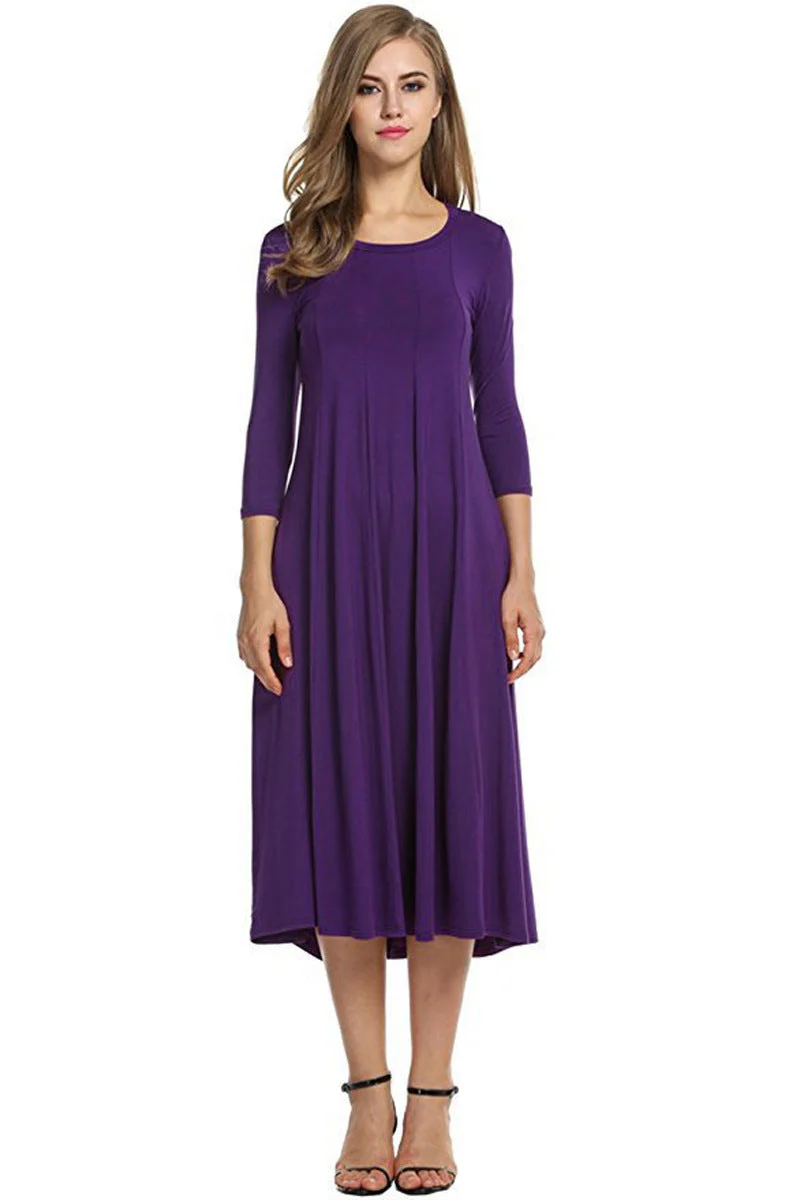 Heidi-Mode | Quadrat-Ausschnitt 3/4-Lange Uni-Farbe Midi-Kleid - Image 9