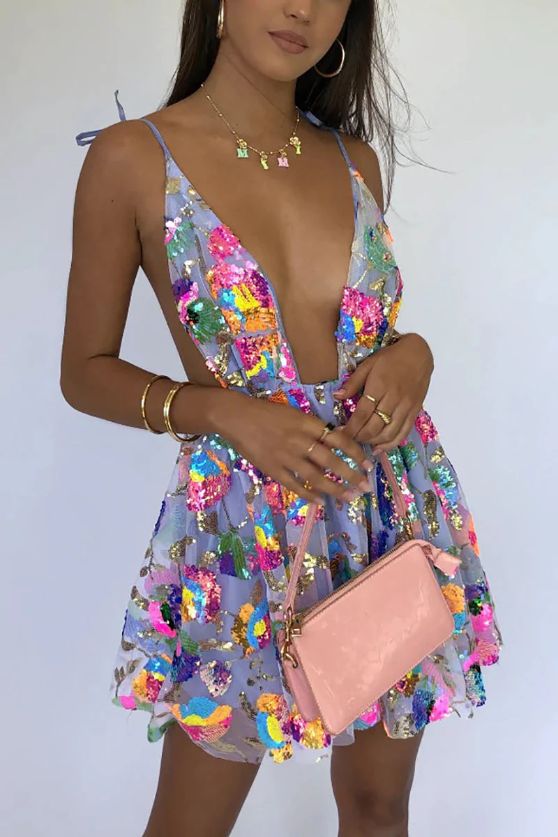 Heidi-Mode | Regenbogen Pailletten Offene Rücken Slip Mini Kleid - Image 16