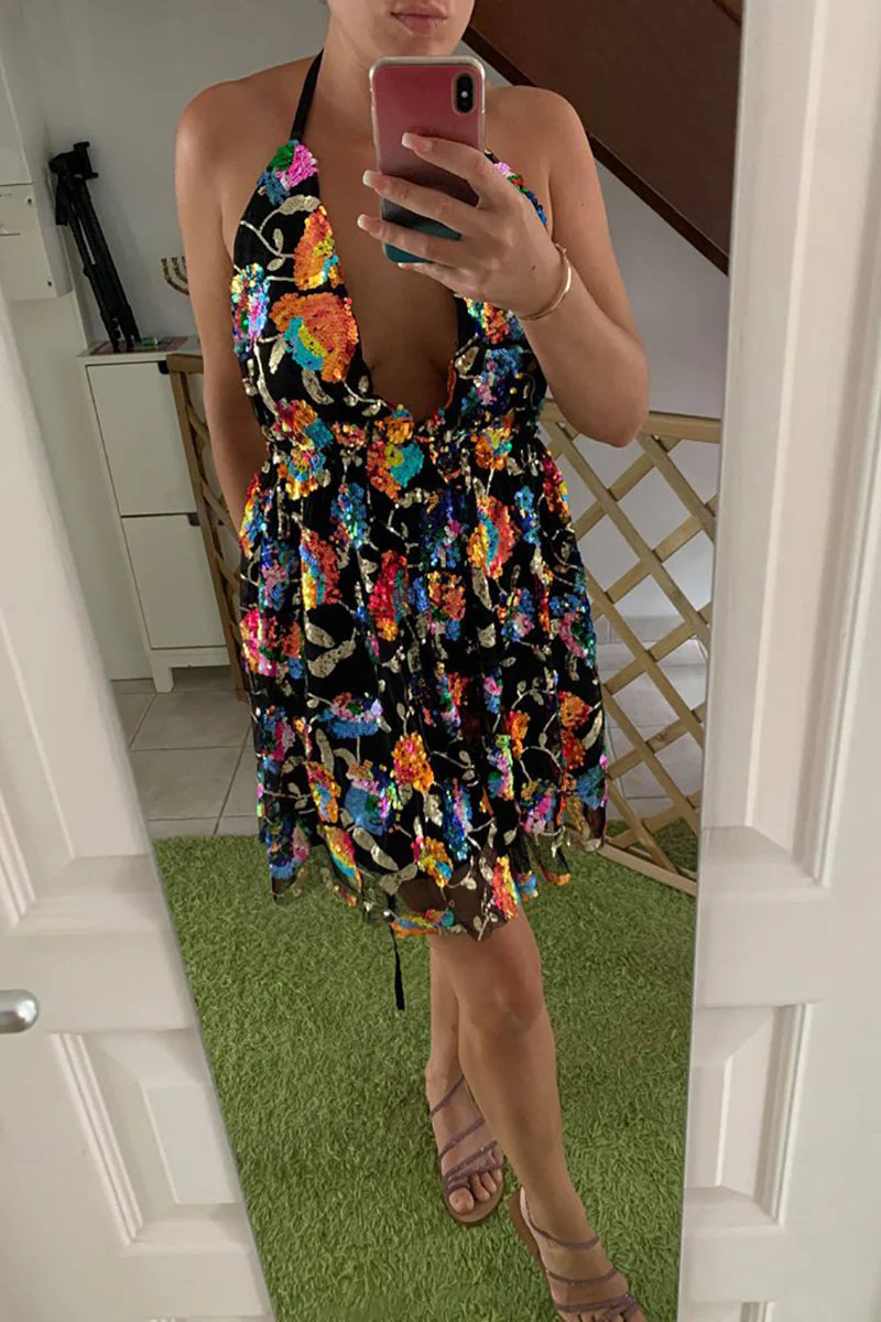 Heidi-Mode | Regenbogen Pailletten Offene Rücken Slip Mini Kleid - Image 19