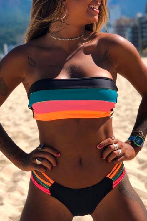 Heidi-Mode | Rosiedress Rainbow Gestreifter Tube Top Bandeau Bikini Set - Image 4