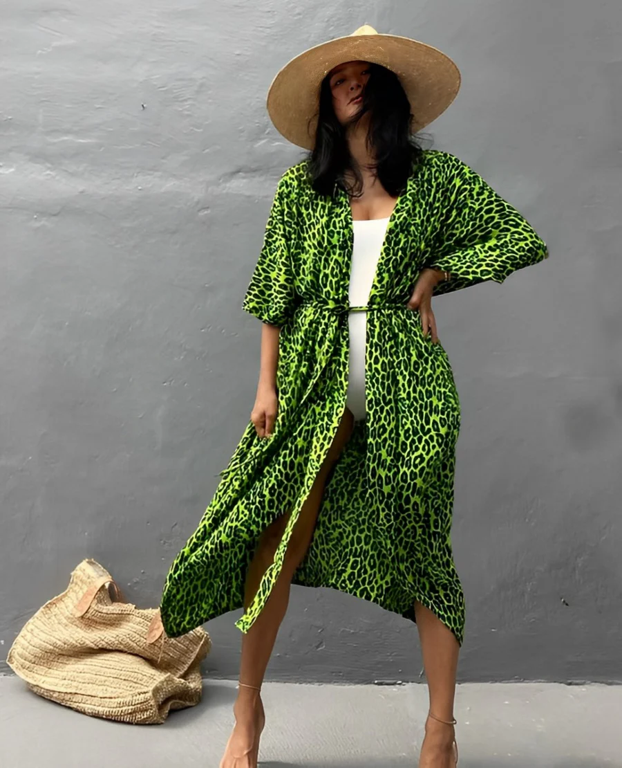 Heidi-Mode | Retro Kimono Langer, Gemusterter Strandkimono mit Gürtel für Damen - Image 10