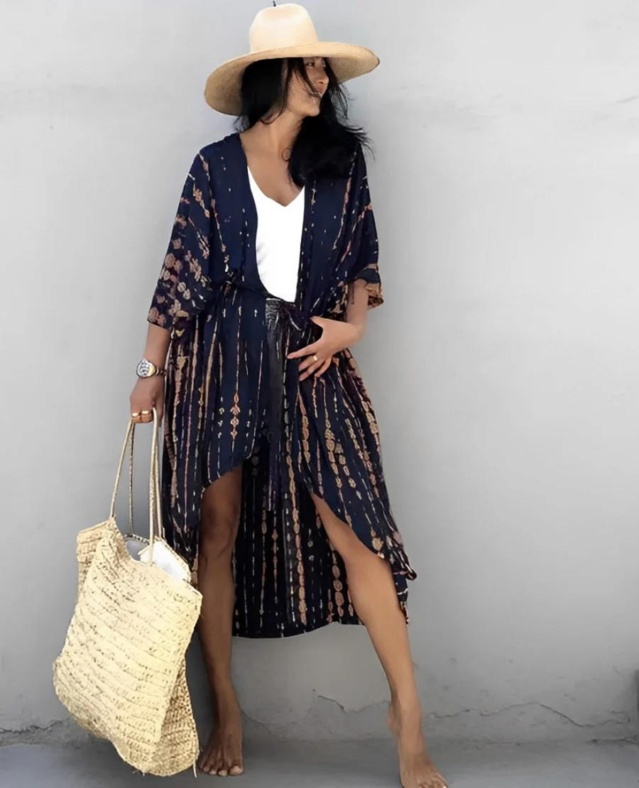 Heidi-Mode | Retro Kimono Langer, Gemusterter Strandkimono mit Gürtel für Damen - Image 14