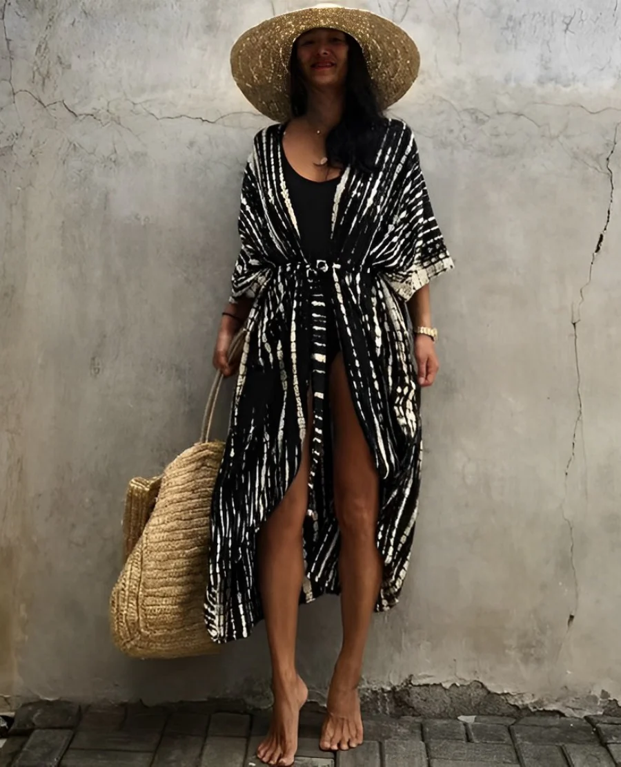 Heidi-Mode | Retro Kimono Langer, Gemusterter Strandkimono mit Gürtel für Damen - Image 15