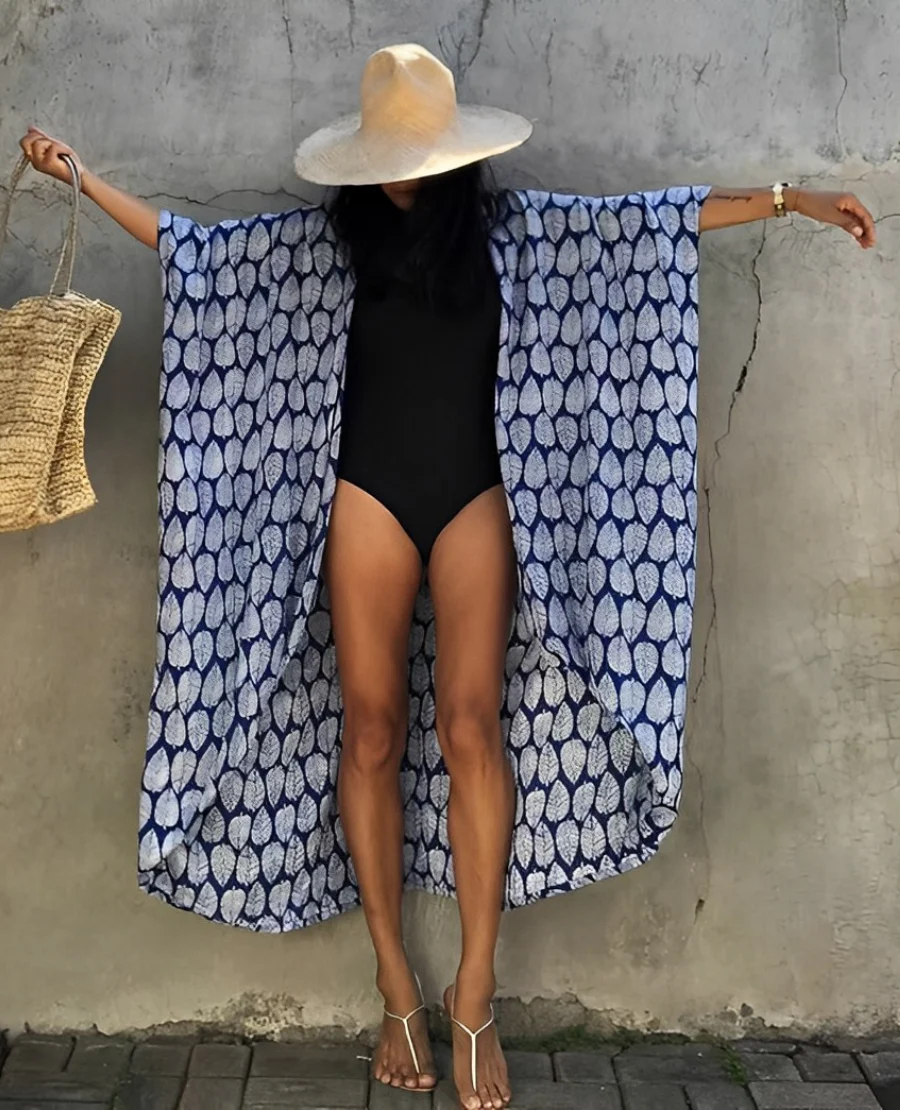 Heidi-Mode | Retro Kimono Langer, Gemusterter Strandkimono mit Gürtel für Damen - Image 6