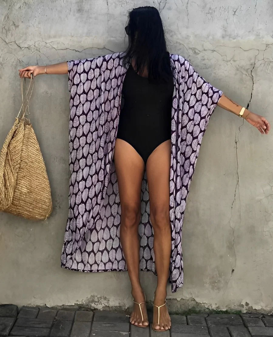 Heidi-Mode | Retro Kimono Langer, Gemusterter Strandkimono mit Gürtel für Damen - Image 7