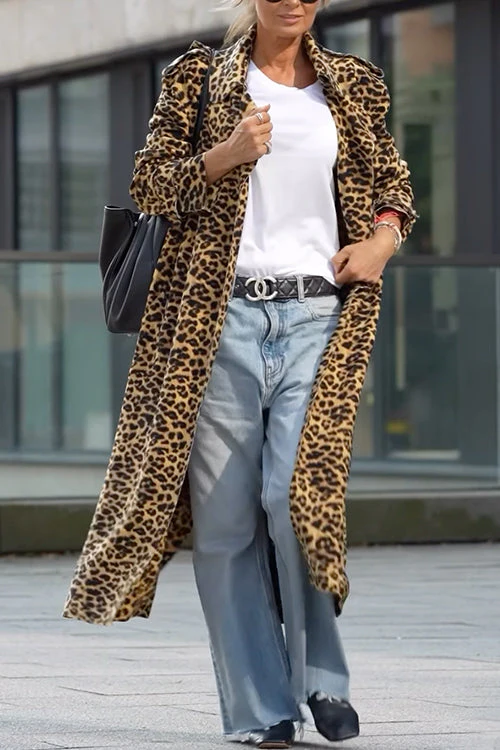 Heidi-Mode | Rosiedress Revers Offene Vorderseite Leopard Midi Trendy Mantel - Image 5