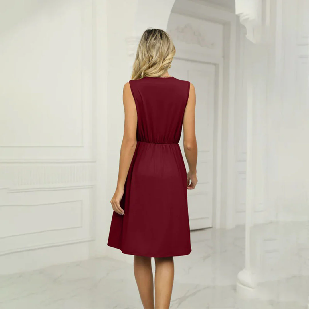 Heidi-Mode | Ärmelloses Kleid V-Ausschnitt Bestickt Tailliert Hoher-Tiefer Saum Fließender Schnitt - Image 2