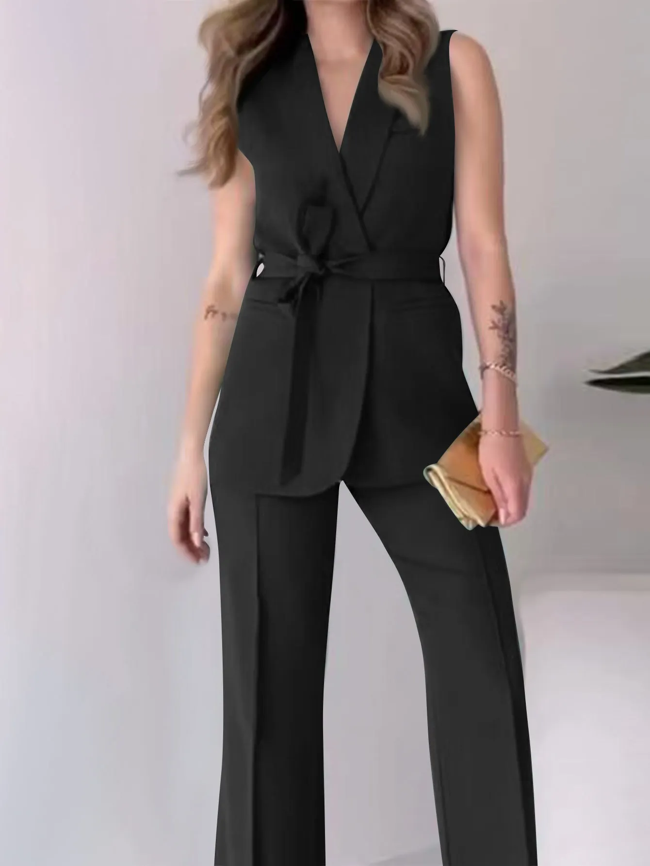 Heidi-Mode | Ärmelloser Blazer-Anzug Taillierte Passform Wickel-V-Ausschnitt Weite Hose - Image 11
