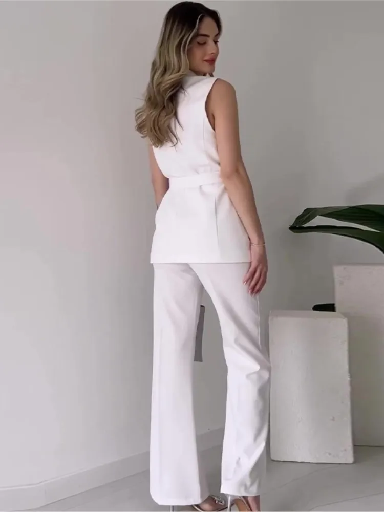 Heidi-Mode | Ärmelloser Blazer-Anzug Taillierte Passform Wickel-V-Ausschnitt Weite Hose - Image 2