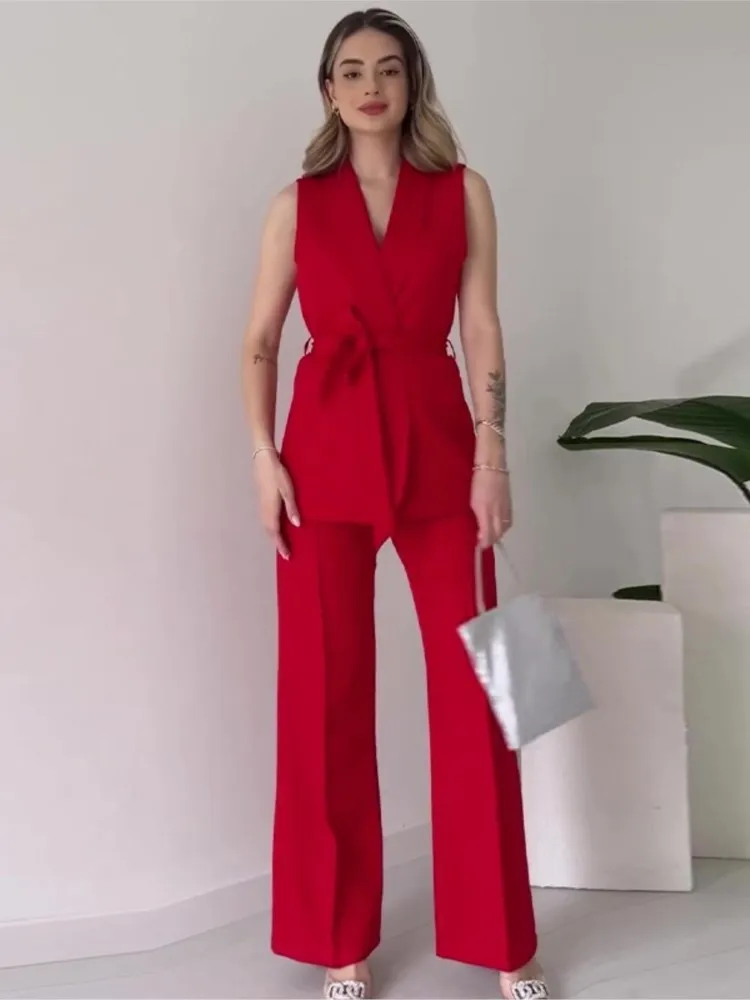 Heidi-Mode | Ärmelloser Blazer-Anzug Taillierte Passform Wickel-V-Ausschnitt Weite Hose - Image 4