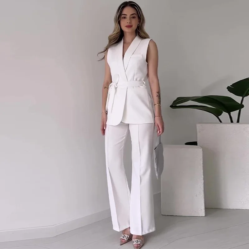 Heidi-Mode | Ärmelloser Blazer-Anzug Taillierte Passform Wickel-V-Ausschnitt Weite Hose - Image 8