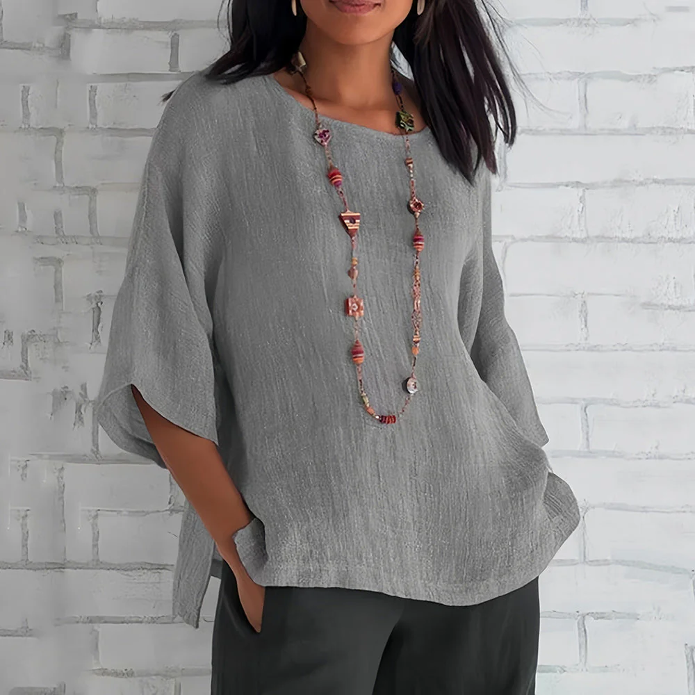 Heidi-Mode | Rosafarbenes, Lockeres Rundhals-Shirt mit 3/4-Ärmeln für Damen - Image 3