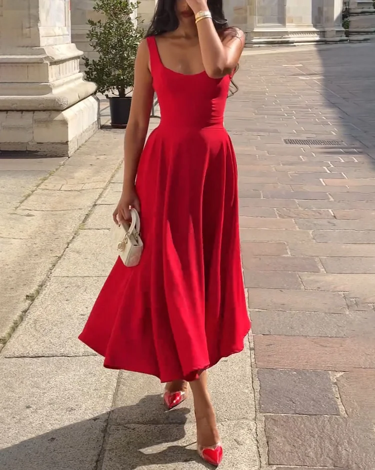 Heidi-Mode | Rotes Enges Midikleid mit Trägern - Image 3